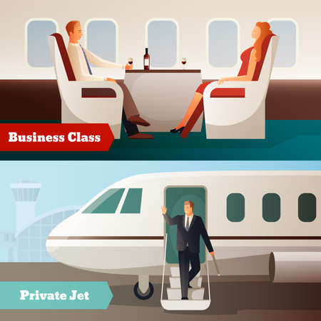 Trip on airplane horizontal banners with private jet and people in business class salon isolated vector illustrationのイラスト素材