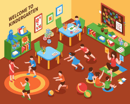 Kindergarten interior isometric composition with children busy mobile games education and creativity vector illustrationのイラスト素材