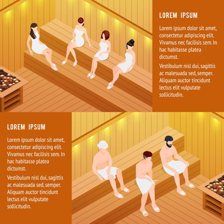 Sauna horizontal isometric banners set with men and women isolated vector illustrationのイラスト素材