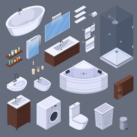 Bathroom isometric interior elements with pieces of furniture and lavatory equipment isolated images on grey background vector illustrationのイラスト素材