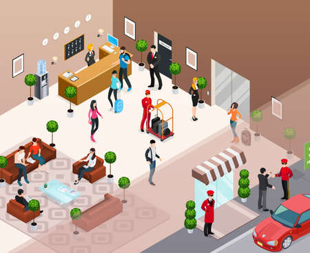 Hotel interior with doorman at hotel entrance reception staff and guests in hotel hall isometric  vector illustrationのイラスト素材