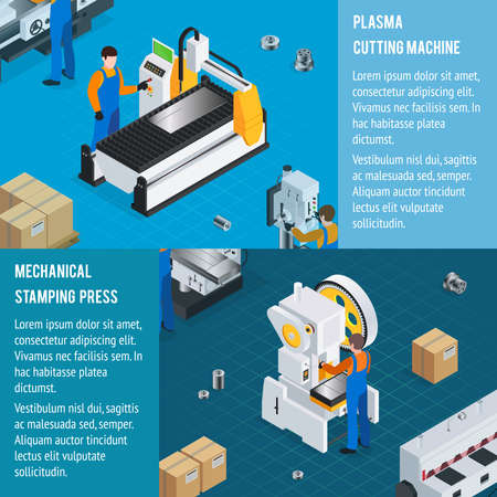 Metalworking plasma cutting mechanical stamping banners set with isometric punching press and plasma-arc burning centre images vector illustrationのイラスト素材