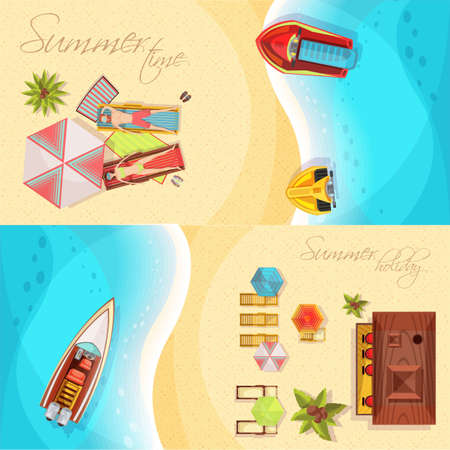Beach holiday horizontal banners top view including coast, sea, boats, bar, sunbathers on loungers isolated vector illustrationのイラスト素材
