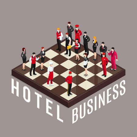 Hotel business chess composition with hotel employee characters in uniform standing like chesspieces on isometric chequerboard vector illustrationのイラスト素材