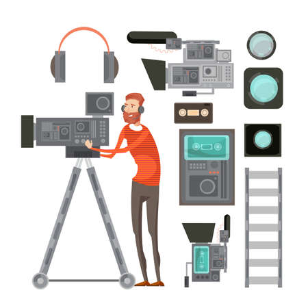 Film cameraman with video equipment including tape headphones filters for objective lens vhs player isolated vector illustrationのイラスト素材