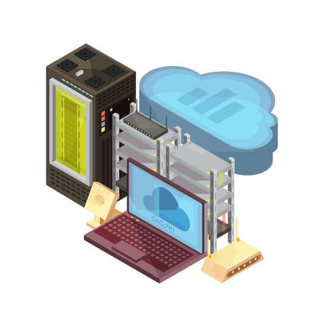 Isometric composition with data cloud,  laptop, hosting server, router, wifi on white background vector illustrationのイラスト素材