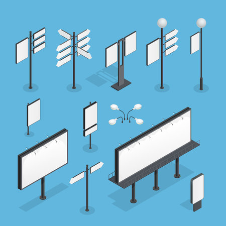 Billboard isometric set on blue background isometric isolated vector illustrationのイラスト素材