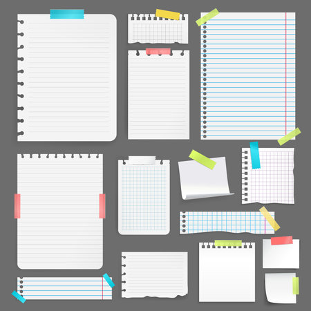 Realistic blank paper sheets on different size and shape stuck with colorful tape on grey background isolated vector illustrationのイラスト素材