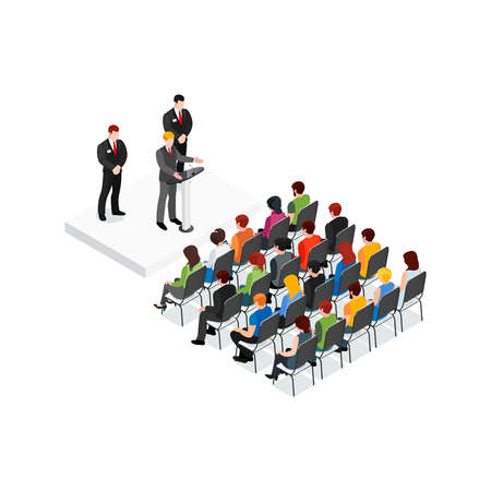 Party meeting isometric design concept with politician and his security speaking in front of...