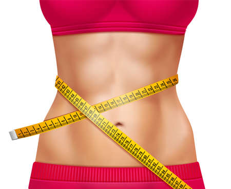 Female athletic waistline 3d design with red sports clothing and measuring tape on white background vector illustrationのイラスト素材