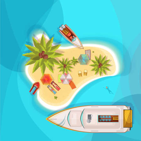 Island beach top view with blue sea, people on loungers under parasols, boats, palm trees vector illustrationのイラスト素材