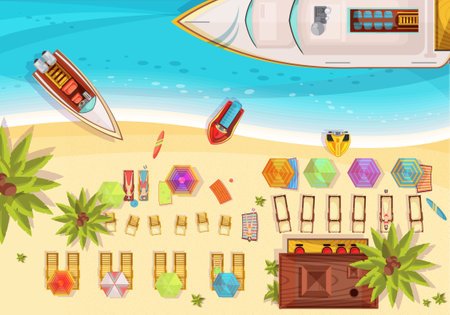 Beach holiday composition top view including sunbathers on loungers bar boats and surfboards palm trees vector illustrationのイラスト素材