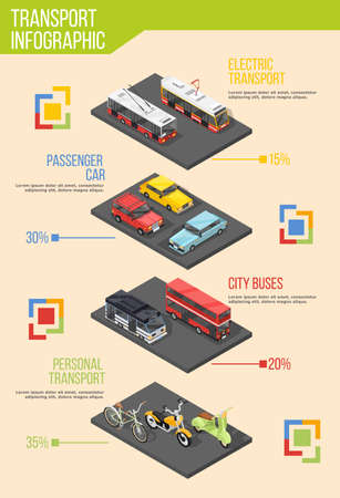Transport infographics with isometric images of different transportation vehicles and material design elements with editable text vector illustrationのイラスト素材