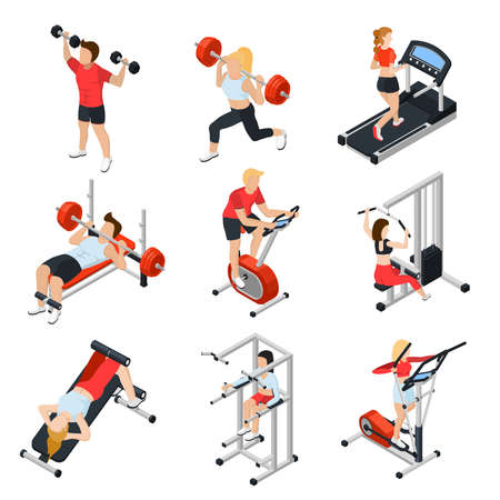 Gym and people isometric set with fitness symbols isolated vector illustrationのイラスト素材