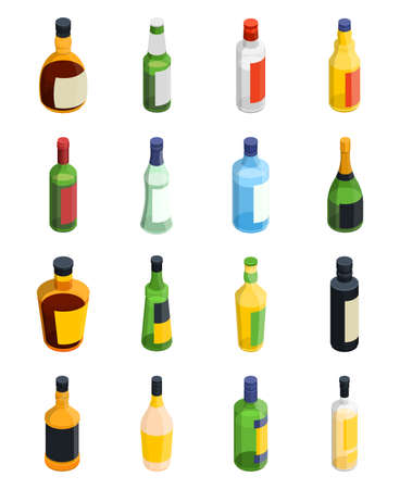 Colored and isolated alcohol isometric icon set with different sizes and types of bottles vector illustrationのイラスト素材