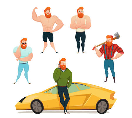 Set of isolated decorative icons showing sexy powerful brutal men with large muscles and red beard flat vector illustrationのイラスト素材