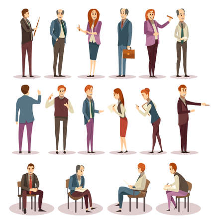 Business trainings and coaching icons set with consultants and learners in various positions isolated vector illustrationのイラスト素材