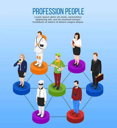 Profession isometric set of uniformed people characters on podiums connected by dashed lines with editable text vector illustrationのイラスト素材