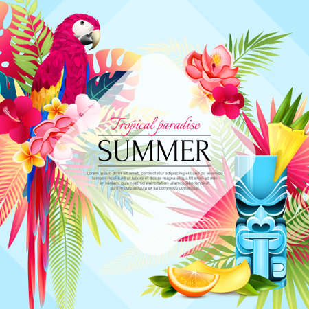 Tropical summer parrots frame poster with compositions of leaves fruit slices and birds with decorative text vector illustrationのイラスト素材