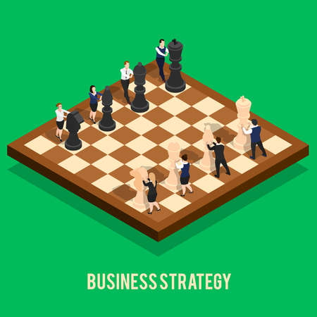 Isometric people business concept with isolated image of chess board with pieces driven by human characters vector illustrationのイラスト素材