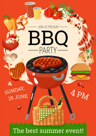 Summer bbq party announcement poster with grill basket barbecue accessories food drinks orange background flat vector illustrationのイラスト素材