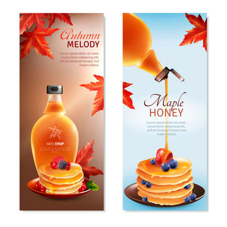 Maple syrup horizontal banners set with autumn melody symbols cartoon isolated vector illustrationのイラスト素材