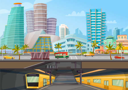 Miami downtown city landmarks towers skyline and metro rail trains front view retro cartoon poster vector illustrationのイラスト素材