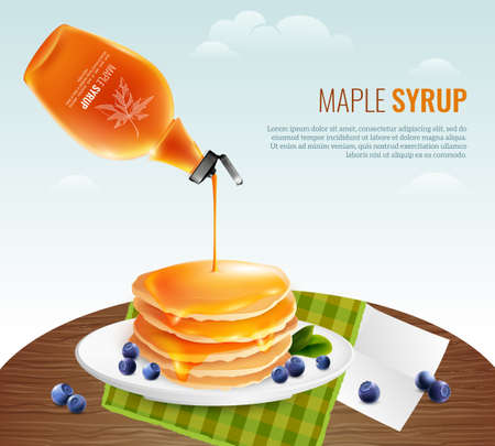 Maple syrup concept with table pancakes and berries cartoon vector illustrationのイラスト素材