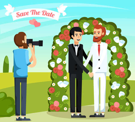 Flat colored wedding people orthogonal composition with two men in love are married vector illustrationのイラスト素材