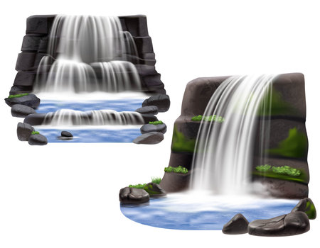 Set of two natural landscape scene for park garden and computer game design with waterfalls rocks and stones realistic isolated vector illustrationのイラスト素材