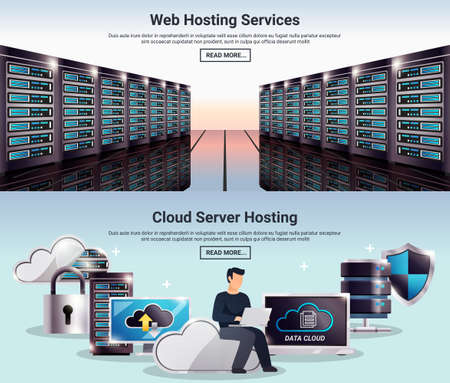 Two colored horizontal datacenter banner set with web hosting services cloud server hosting descriptions vector illustrationのイラスト素材