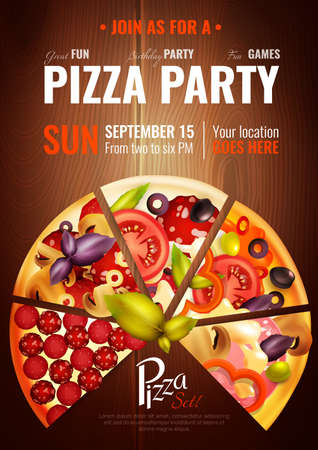 Party poster with slices of different pizza types on wooden background with editable title and date vector illustrationのイラスト素材