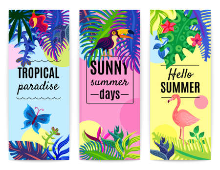Tropical paradise summer vacation 3 vertical colorful background banners set with plants flowers toucan flamingo isolated vector illustrationのイラスト素材