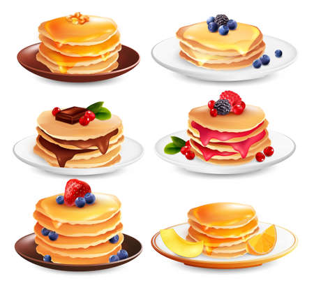 Maple syrup pancakes set of six isolated dish images with different ingredients berries and fruit slices vector illustrationのイラスト素材