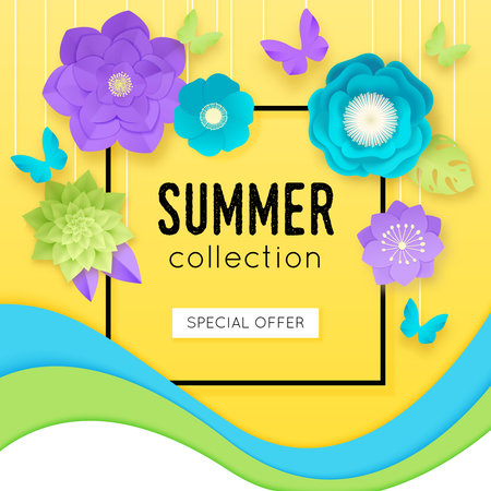 3d paper flowers poster with summer collection special offer headline at the center vector illustrationのイラスト素材