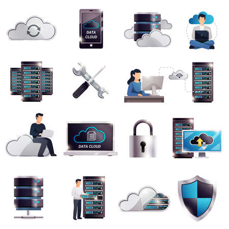 Colored 3d datacenter hosting server cloud icon set with technology and digital elements vector...