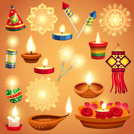 Realistic set of candles fireworks and decorations for diwali holiday isolated vector illustrationのイラスト素材