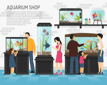 People watching fish in big and small aquariums in pet shop flat vector illustrationのイラスト素材
