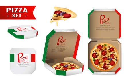 Realistic set with pizza for sale in cardboard box in colors of italian flag isolated vector illustrationのイラスト素材