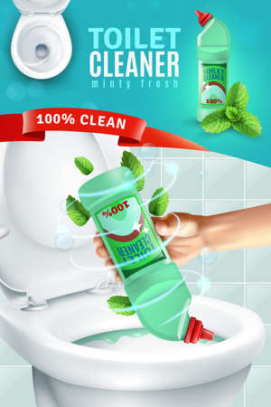 Realistic fresh fragrance toilet cleaner composition vertical advertising poster with human hand applying cleaner to toilet bowl vector illustrationのイラスト素材