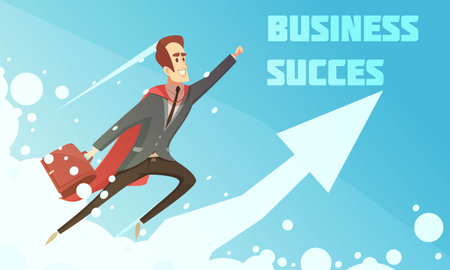 Business success symbolic cartoon growth poster with smiling businessmen climbing up increasing graphic arrow background vector illustrationのイラスト素材