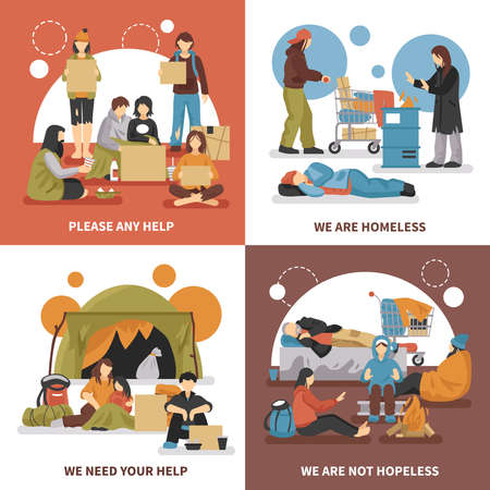 Four squares homeless people design concept set with please any help we are homeless we need your help descriptions vector illustrationのイラスト素材