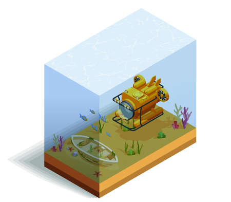 Scuba diving snorkelling isometric composition with bathyscaph and sea bottom with fishes and water grass vector illustrationのイラスト素材