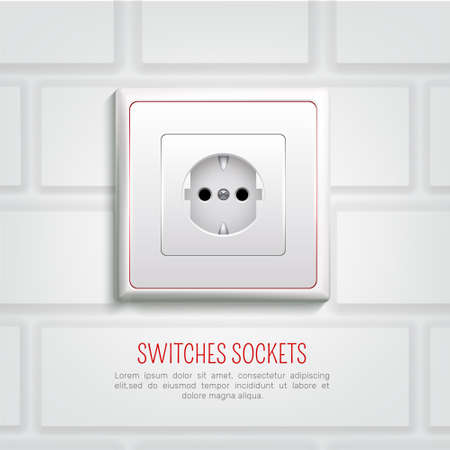 Socket of european standard with red line at plastic panel on white brick wall background vector illustrationのイラスト素材