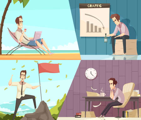 Business success and failure concept 2 retro cartoon banners with money rain and frustration isolated vector illustrationのイラスト素材