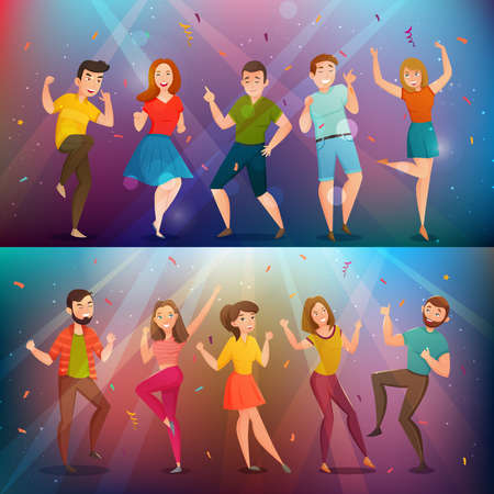Young people dancing in disco lights 2 retro cartoon horizontal banners set colorful background isolated vector illustrationのイラスト素材