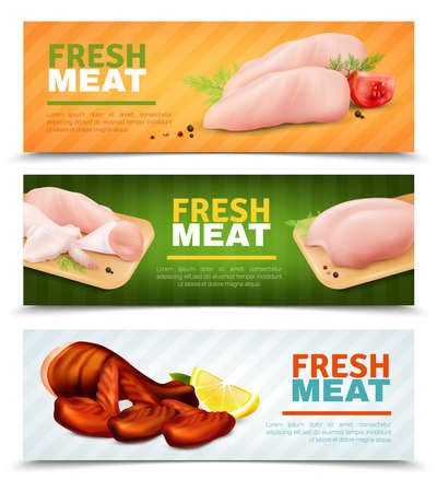 Set of horizontal banners with fresh chicken meat, grilled leg and wings, cutting boards isolated vector illustrationのイラスト素材