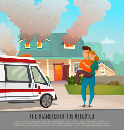 Colored emergency first aid people poster with the transfer of the affected headline vector illustrationのイラスト素材