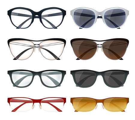Realistic set of modern glasses and sunglasses with colorful frames isolated on white background...