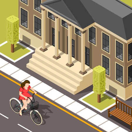 Cyclist isometric background with young girl riding bicycle within city past house with columns vector illustrationのイラスト素材